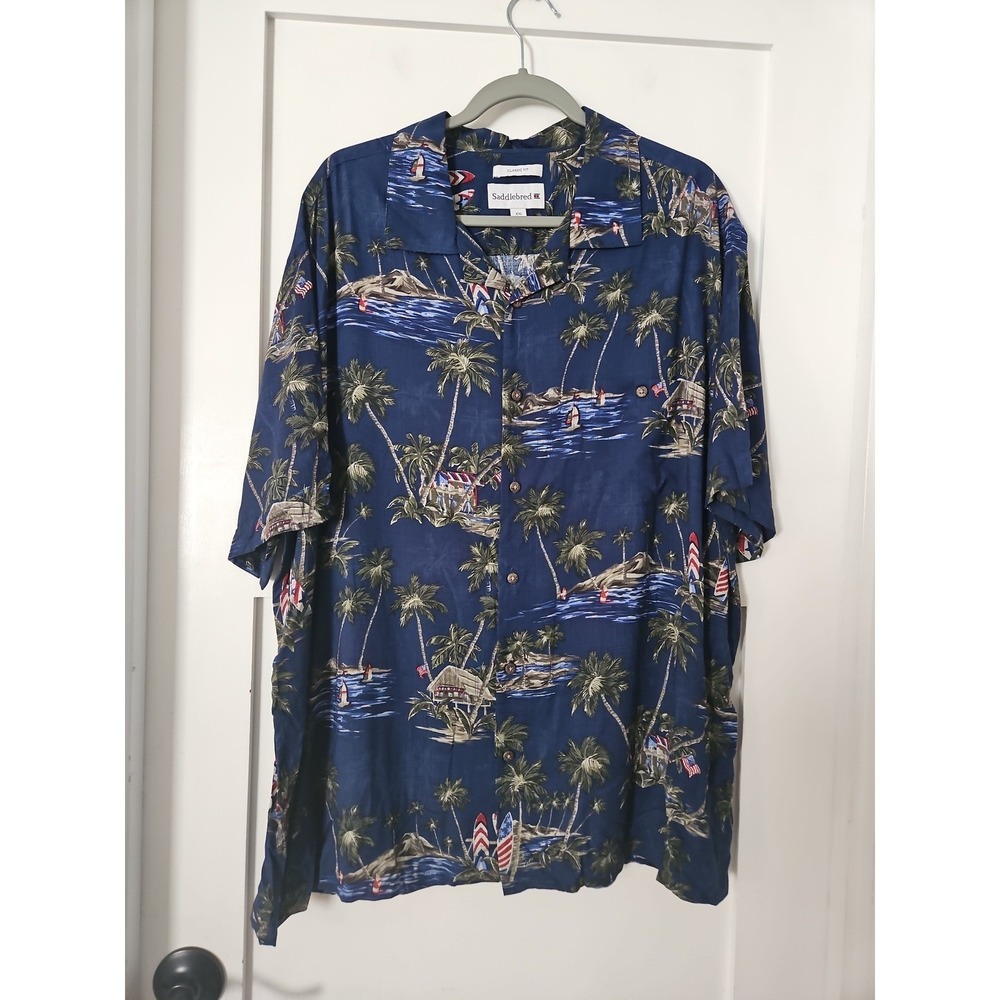 Saddlebred Patriotic Hawaiian Shirt Men's XXL Blue USA Flag Tropical Camp Shirt - Picture 4 of 12